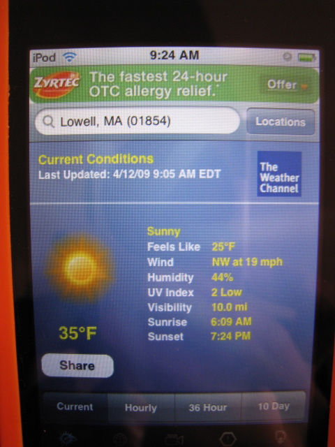 9:24am Yup, you're reading that correctly: Bright sunshine and 35 degrees, with a wind chill of 25 degree.  Like I said, it LOOKED spring outside, but it in no way FELT like spring.