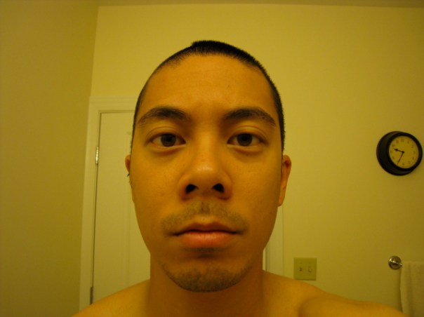 9:36 a.m. - Pre-shave, mid-haircut, and lookin' rough!  (Man, my hair grows a lot in one week.)