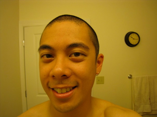 10:15 a.m. - Post-haircut/shower/shave.  Note the "reinstalled" earring.