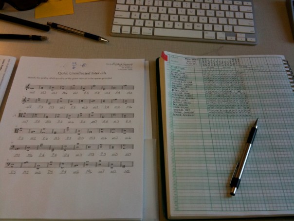 4:35 p.m.  Grading Friday's Uninflected Interval Quiz.  Fun times.