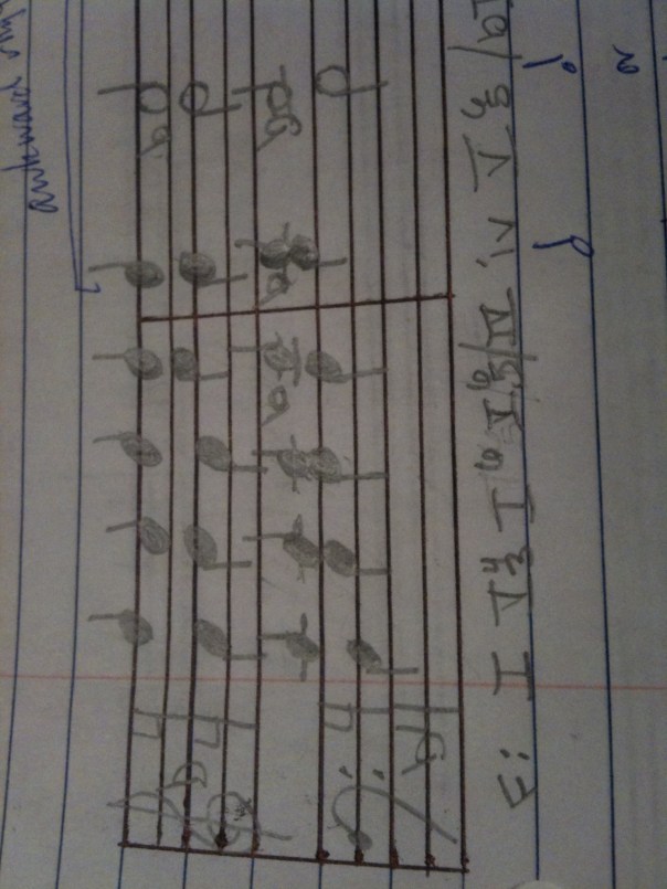 8:34 p.m. Grading part-writing. Yup, that's four-voice writing on notebook paper. This is the kind of crap I have to try to decipher every day. Ugh.